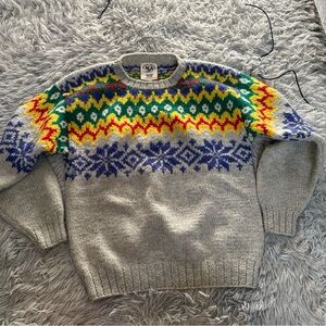 Vintage Shetland Wool Hand Knit Snowflake Pattern Unisex Medium ACA Joe 923